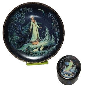 Enchanted Snow Princess Russian Collection Music Box 1997 & Decorated Plate 1990